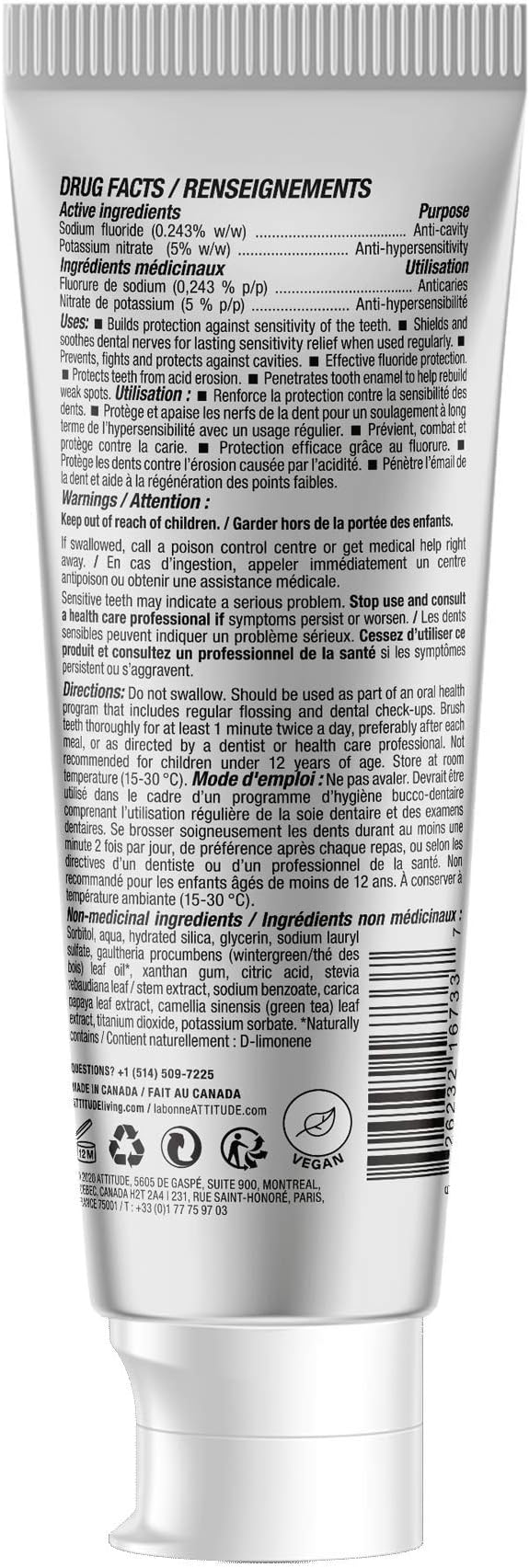 ATTITUDE Toothpaste with Fluoride, Prevents Tooth Decay and Cavities, Vegan, Cruelty-Free and Sugar-Free, Sensitive, Spearmint, 4.2 Oz (Pack of 2)