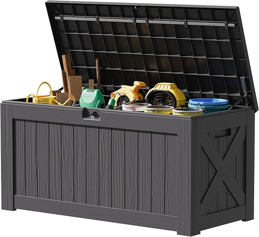 JUMMICO 120 Gallon Resin Deck Box, Large Outdoor Storage Box Waterproof & Lockable for Garden, Patio, Pools (Gray)