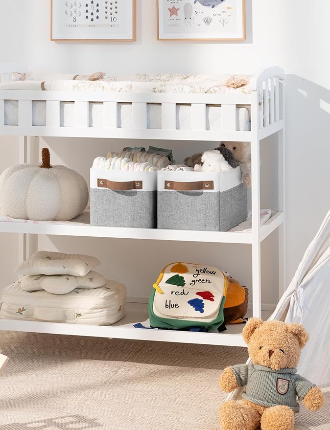 StorageWorks Narrow Storage Bins, Small Basket for Closet and Shelves, Rectangular Fabric Organizer with Handles, Toilet Paper Storage, Gray and White Stripes, 2-Pack