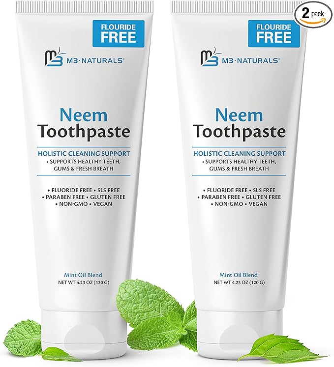 Fluoride-Free Neem Toothpaste with Mint for Adults & Kids with Sensitivity | Vegan, Gluten & SLS Free Herbal Formula for Sensitive Teeth, Healthy Gums and Fresh Breath, 4.23 oz (120 g) Pack of 2 by M3