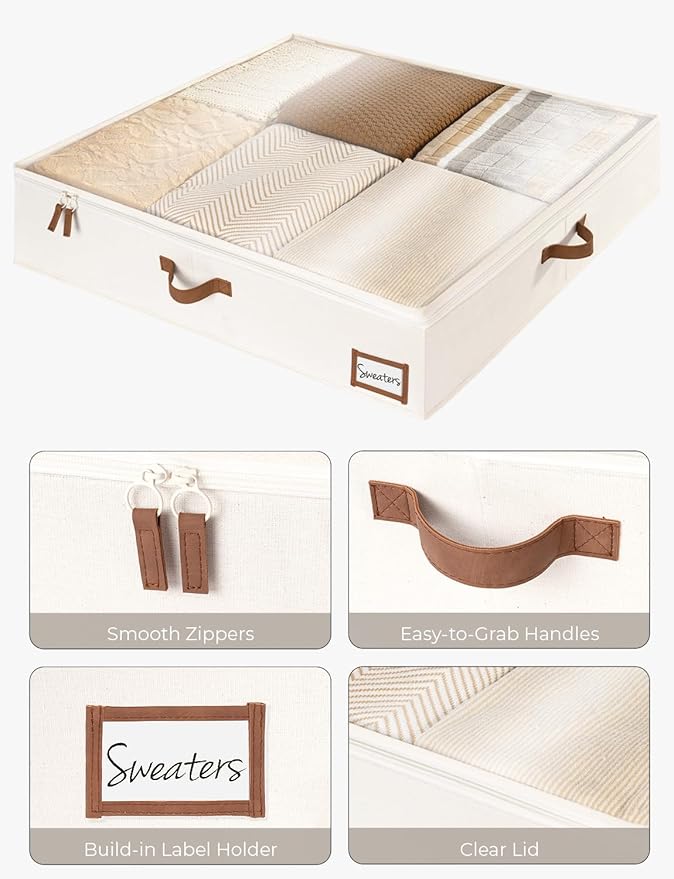 StorageWorks Underbed Storage Box, Under Bed Clothes Organizer With Sturdy Structure and Ultra Thick Fabric, Beige, 33" L x 31" W x 6 ¾ "H, 2 pack