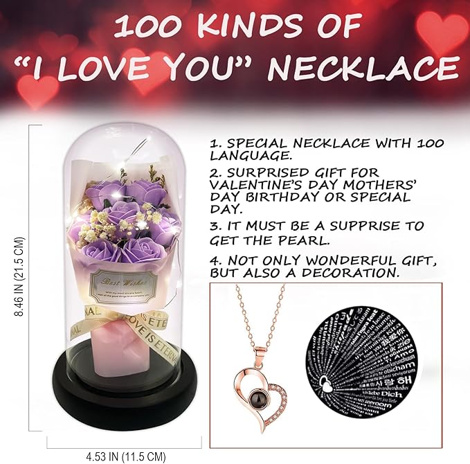 Gift for Her Forever Flower Bouquet for Delivery Prime Preserved Purple Roses Glass Dome LED Light 100 Languages I LOVE YOU Necklace Mothers Day Birthday Romantic Valentines Gift for Wife Women Mom