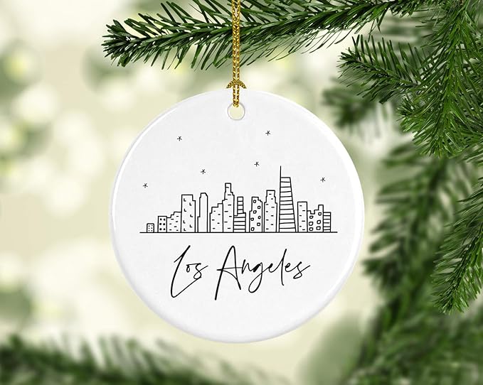 Andaz Press Round Ceramic Porcelain Christmas Tree Ornament Keepsake Gift, Los Angeles, Black and White Stars City Skyline Graphic, 1-Pack, Birthday Ideas Family Coworker Him Her, Includes Gift Box