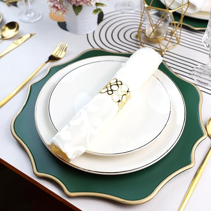 Green Chargers for Dinner Plates, 13 Inch Scalloped Plastic Decorative Table Charger Service Plates Set of 6 for Wedding, Holiday, Thanksgivng, Christmas
