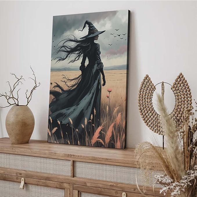 Gothic Decor Canvas Wall Art Witch in Rice Field Halloween Art Decor Print Nature Print Victorian Home Bedroom28x40in Wood Framed