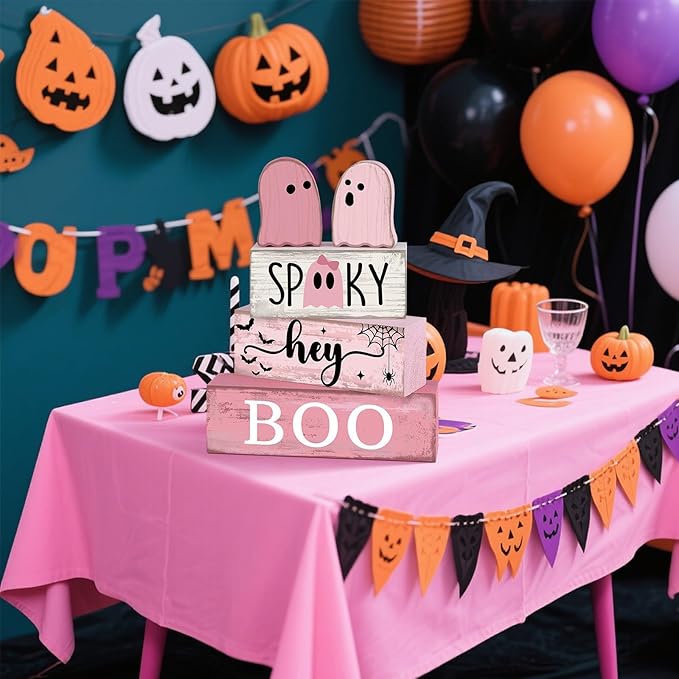 4 Pcs Pink Halloween Decor Ghost Table Decorations Halloween Tiered Tray Decor Farmhouse Ghost Tabletop Centerpiece Rustic Pink Block Sign Gift for Home Kitchen Shelf Office Mantel