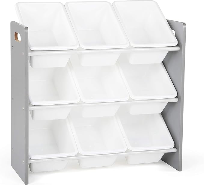 Humble Crew 9-Bin Toy Organizer – Inspire Grey with White Plastic Bins, 3-Tier Storage Solution for Kids' Playrooms and Nurseries