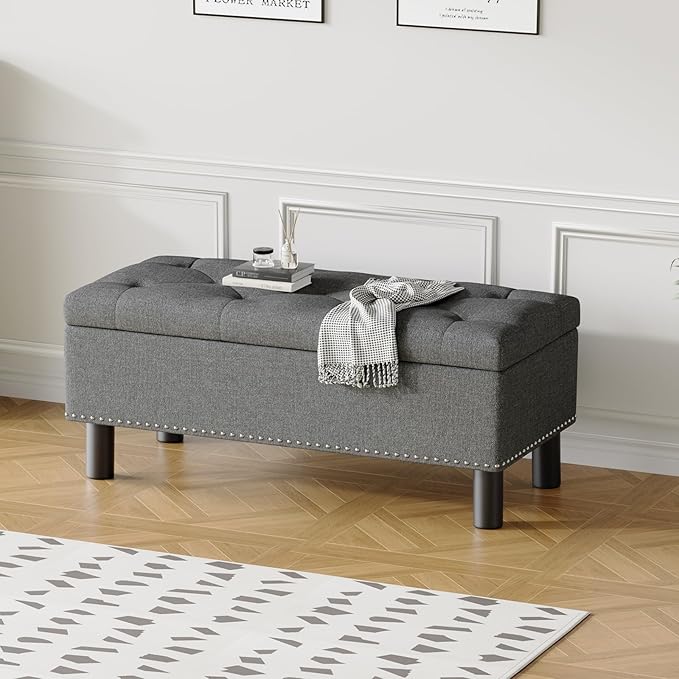 Furniliving Ottoman Bench with Storage, Folding Storage Ottoman Bench with Wood Legs, Upholstered Bedroom Bench with Button-Tufted, Entryway Bench Storage Bench for Bedroom, Linen (Darkgrey)