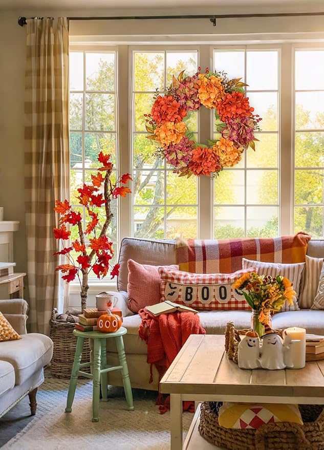 Artificial Fall Wreath for Front Door – 24 Inch Hydrangea Floral Wreath with Orange & Burgundy Flowers, Autumn Thanksgiving Door Décor