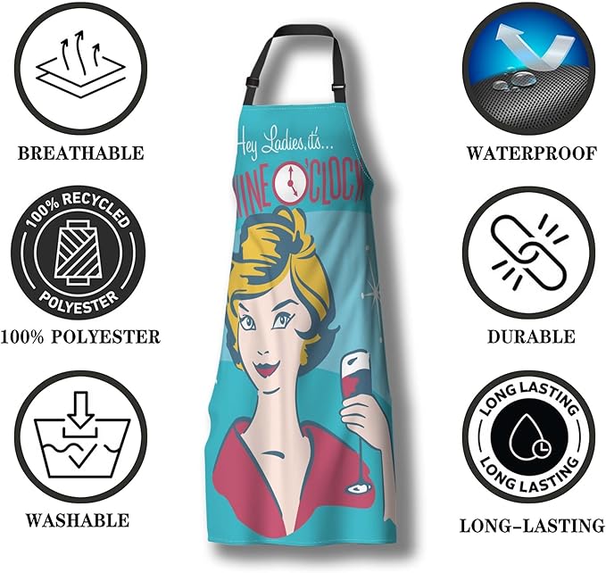 Kiss the Cook Apron Men Wine O’clock Funny Aprons for Women for Cooking Restaurant BBQ Painting Crafting Gardening 27” (W) x 31” (H), Waterproof Aprons