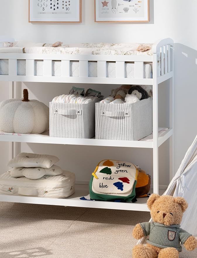 StorageWorks Narrow Storage Bins, Small Basket for Closet and Shelves, Rectangular Fabric Organizer with Handles, Toilet Paper Storage, Gray and White, 2-Pack