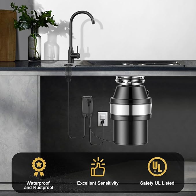 Garbage Disposal Air Switch Kit, Garbage Disposal Button, Sink Top Waste Disposer On/Off Switch, Matte Black (Stainless Steel Cover), UL Listed Air Switch Compatible with All Garbage Disposals