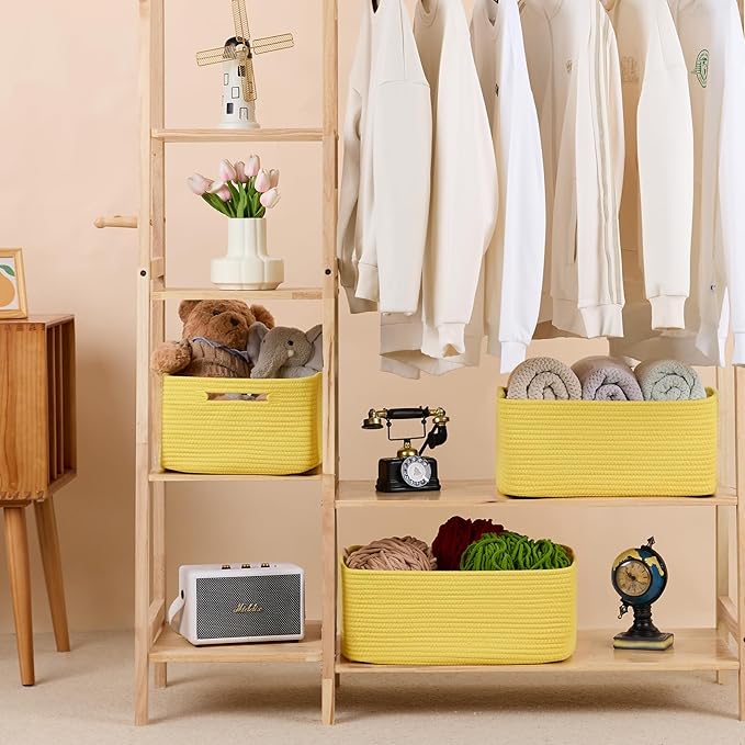 Large Storage Baskets for Shelves, Closet Organizers Bins for Clothes Blanket Towels, Baby Nursery, Toy Baskets Box, Woven Rope Baskets, 17 x 13 x 7.5”, 3 Packs Yellow