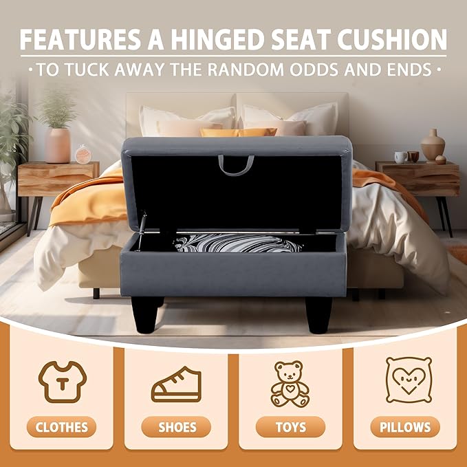 Ottoman Rectangular Storage Ottoman Bench, Faux Leather Footrest, Coffee Table, Stool Footstool with Hinged Lid for Living Room, Bedroom, Entryway, Gray, 28.5"x19"x17.5"