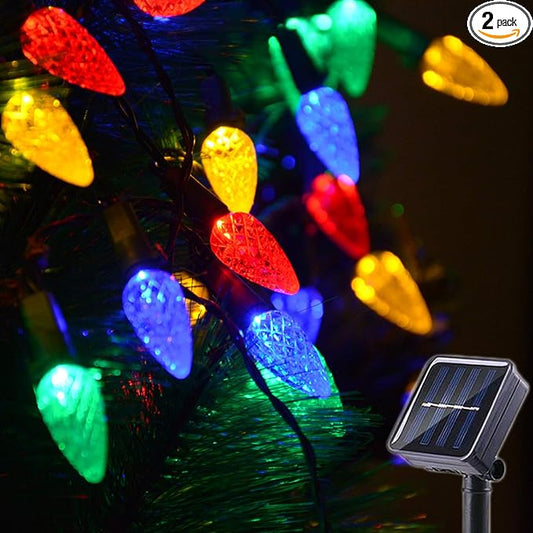 2 Pack Solar Christmas Lights Outdoor C6 Strawberry String Lights, LED Christmas Fairy Lights 50 LEDs Solar Operated Rechargeable Garden Lights for Christmas Tree, Arbor Decor (Multicolor, 8 Modes)