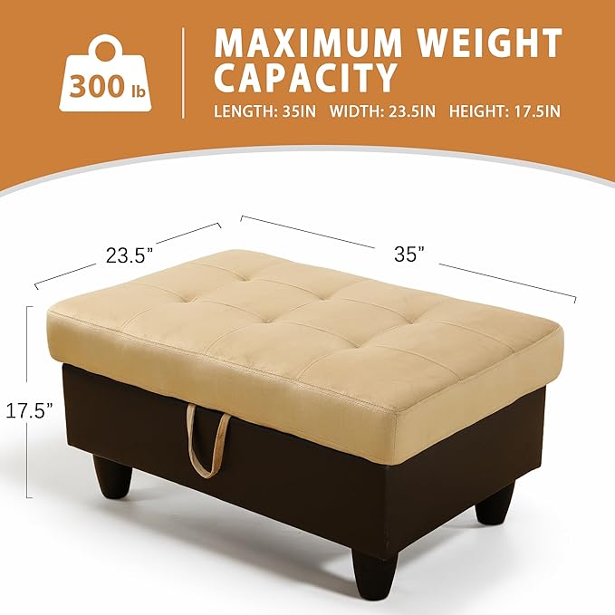 Ottoman Rectangular Storage Ottoman Bench, Flannel Footrest Stool Footstool with Lid for Living Room, Bedroom, Entryway, Champagne&Black, 35"x23.5"x17.5"