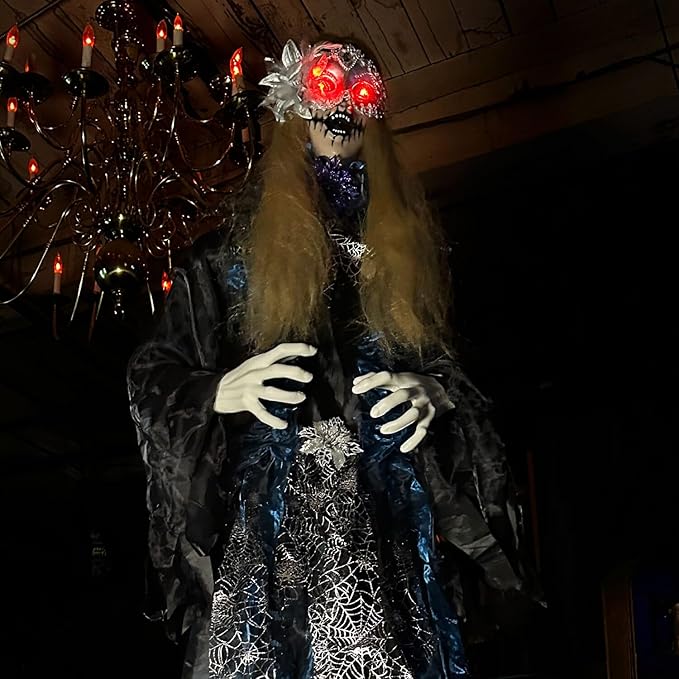 Haunted Hill Farm 5.5-Ft Animatronic Animated Standing Masquerade Lady, Halloween Animatronic, Spooky Venetian Masquerade Prop, Creepy House Party Decoration, Touch-Activated Lights & Sound, Life-Size