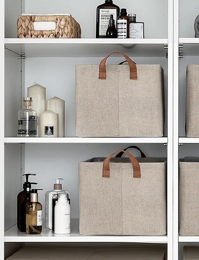 StorageWorks Storage Bins, Fabric Storage Bins for Shelves, Large Storage Baskets with Metal Frame, Closet Baskets and Bins with Handles, Brown and Beige, 2-Pack