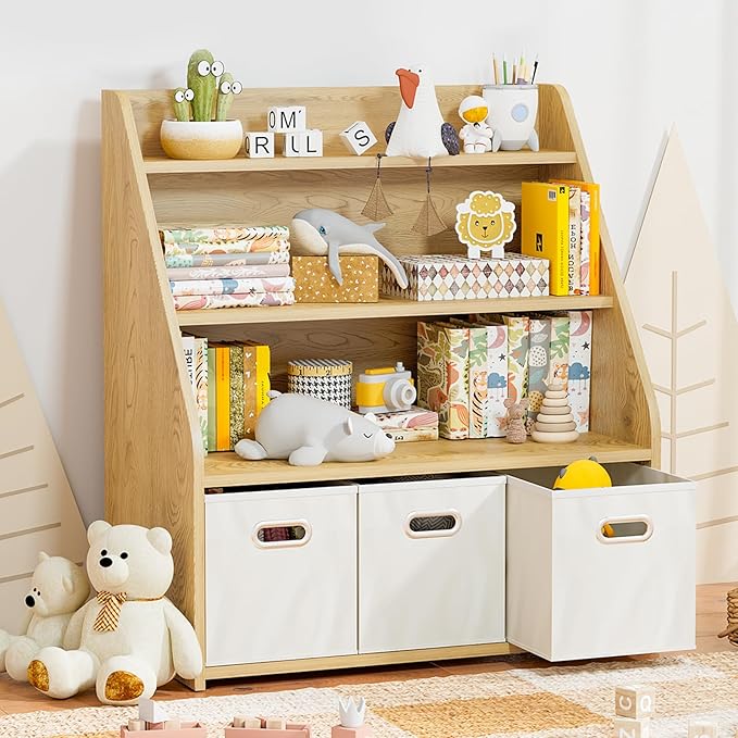 Kids Bookshelf and Toy Organizer, Wooden Kids Bookcase, Toddler Montessori Bookshelf with 3 Movable Drawers, Toy Storage Organizer for Kids Room, Living Room, Nursery