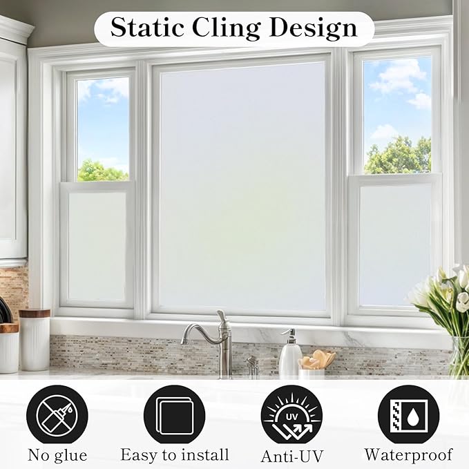 DUOFIRE Privacy Window Film Frosted Glass Film Matte White Static Cling Glass Film No Glue Anti-UV Window Sticker Non Adhesive for Privacy Office Meeting Room Bathroom Living Room DS001W 17.4x78.7in