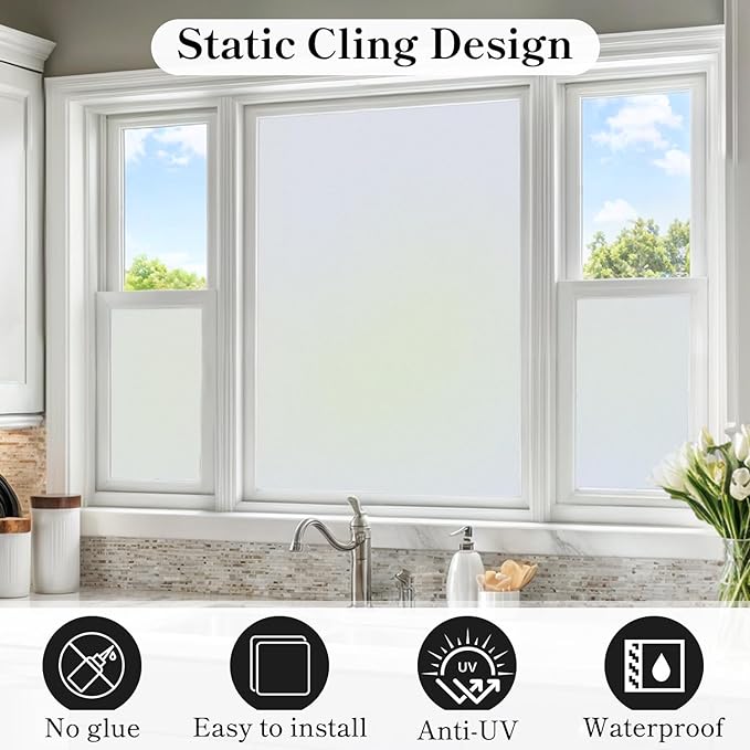 DUOFIRE Privacy Window Film Frosted Glass Film Matte White Static Cling Glass Film No Glue Anti-UV Window Sticker Non Adhesive for Privacy Office Meeting Room Bathroom Living Room DS001W 47.2x78.7in