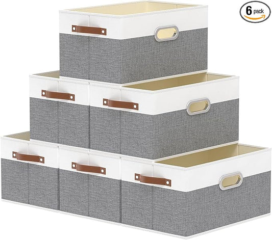 Yawinhe Foldable Storage Baskets for Shelves, Fabric Closet Organizers, Bins with 3 Handles, Cubes for Clothes, White/Grey, 15''Lx9.8''Wx8.3''H, 6-Pack