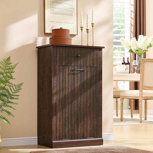 Modern Tilt-Out Trash Can Cabinet, 10 Gallon Fluted Laundry Hamper Cabinet with Drawers, Wooden Hidden Garbage Can Cabinets with Storage Basket, Free Standing for Kitchen and Living Room,Brown