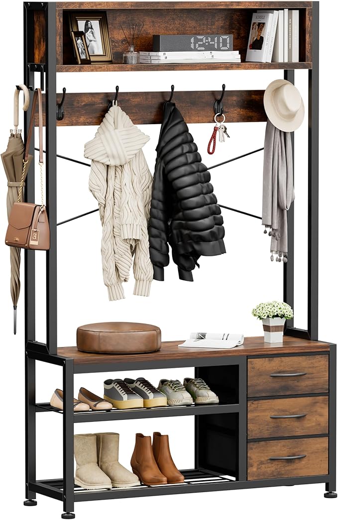 Lulive Hall Tree with Bench and Shoe Storage, 31.5" Coat Rack Freestanding with 2-Tier Storage Shelf, 6-in-1 Entryway Bench Coat Rack with 12 Hooks and 3 Drawers(Rustic Brown)