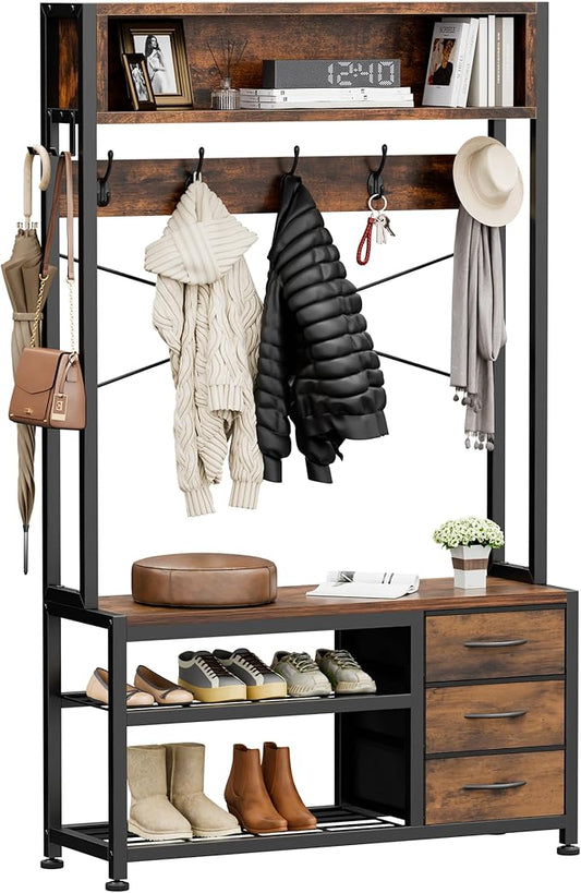 Lulive Hall Tree with Bench and Shoe Storage, 31.5" Coat Rack Freestanding with 2-Tier Storage Shelf, 6-in-1 Entryway Bench Coat Rack with 12 Hooks and 3 Drawers(Rustic Brown)