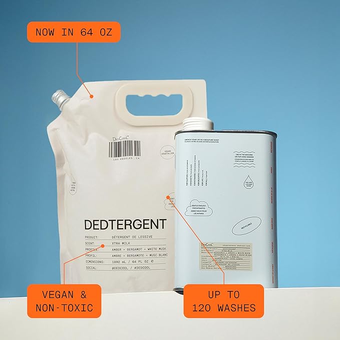 DedCool Liquid Laundry Dedtergent (Milk Refill 64 fl oz) Luxurious Fragrance, Scented, Removes Stains, Ideal for 60 Washes, Infused with Essential Oils, Vegan, Non-Toxic, Cruelty & Dye Free