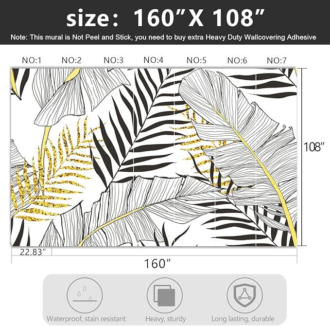 '-Black and Gold Tropical Botanical Banana Leaf Fabric Wallpaper Living Room Bedroom Bathroom Abstract Plant Large Wall Mural- 160"x108"（ not Peel and Stick）