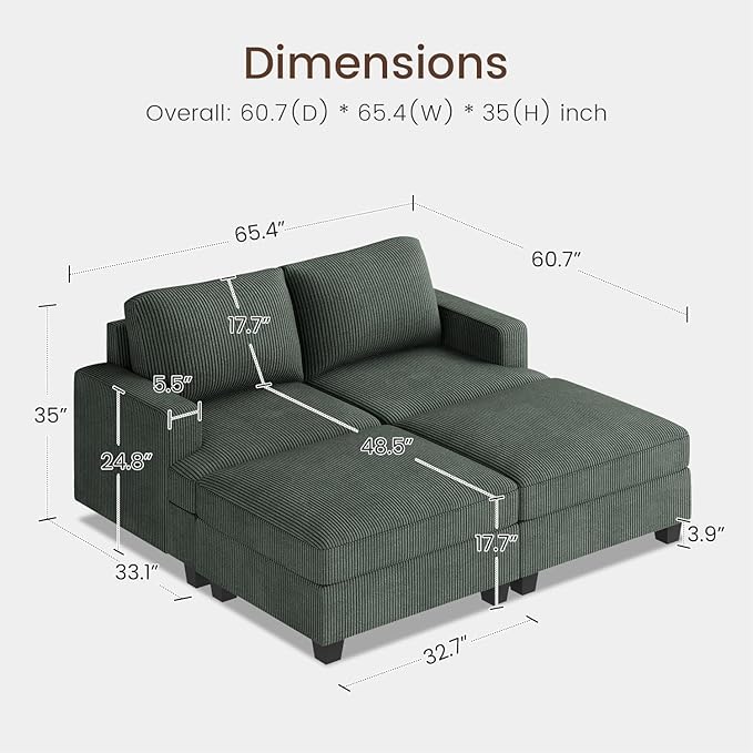 Nolany Corduroy Sectional Couch with Storage Ottoman, Sleeper Sectional Sofa, Modular Sectional Couches for Living Room, Green