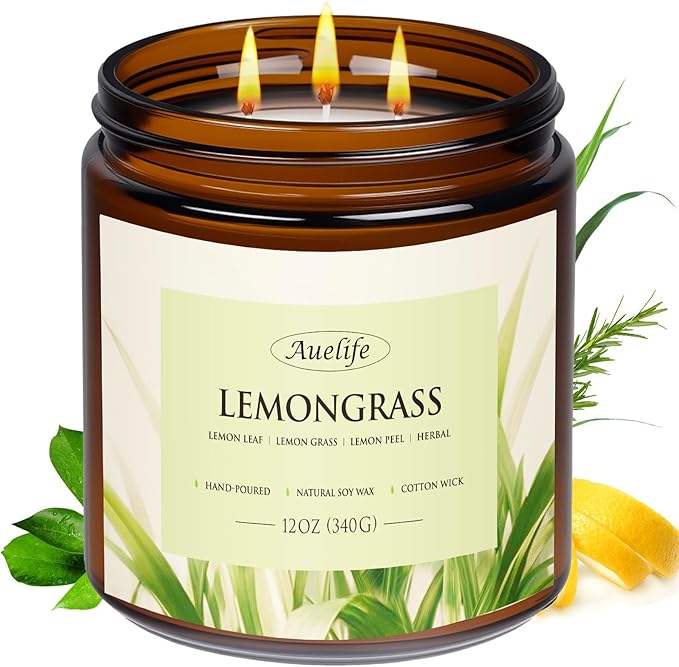 Auelife Lemongrass Scented Candle | 3-Wick Jar Candle - 12oz Natural Soy Wax - Citronella Scent for Indoor Outdoor Use, Long Lasting Aromatherapy Gifts for Fathers Day, Summer, 50+ Hour Burn