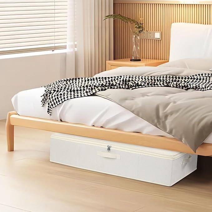 Under the Bed Storage Bins, Closet Organizers with Reinforced Handles for Blanket, Sheets, Pillows, Towels, Shoes, Beige, 3 Pack, 23.6 x 11.8 x 5.9 Inch