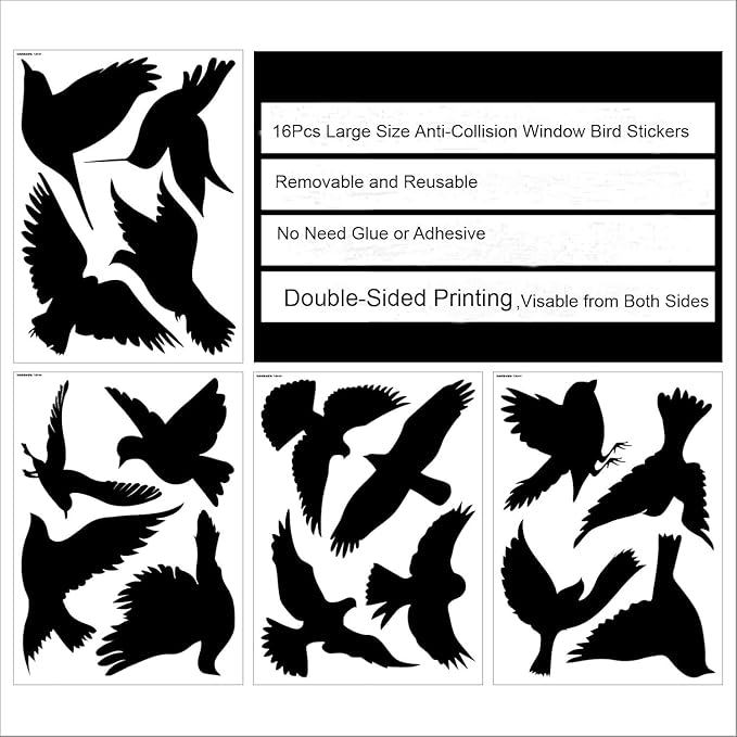 Anti-Collision Large Black Bird Shape Window Clings - Prevent Bird Strikes Double-Sides Window Stickers Decals for Glass Windows & Doors 16 Pieces in Total