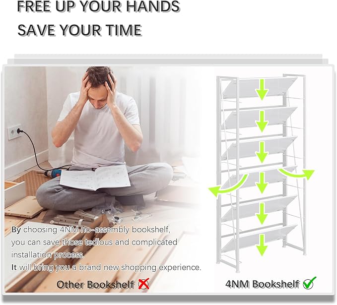 4NM No Assembly Foldable Bookshelf, 6-Shelf Collapsible Bookcase Storage for Small Spaces, 74" H, All White