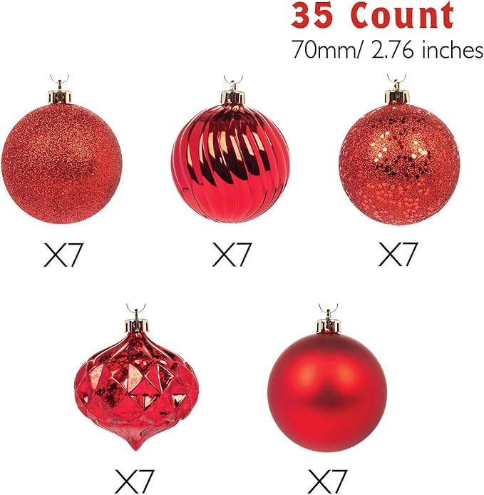 Every Day is Christmas Ornaments, Shatterproof Christmas Tree Ornament Set, Christmas Balls Decoration 35 Count (2.75"/70mm, New Red)
