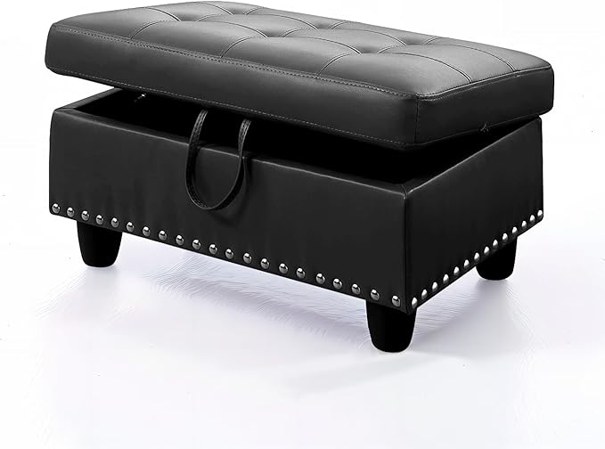 Ottoman Rectangular Storage Ottoman Bench, Faux Leather Footrest, Coffee Table, Stool Footstool with Hinged Lid for Living Room, Bedroom, Entryway, Black, 28.5"x19"x17.5"