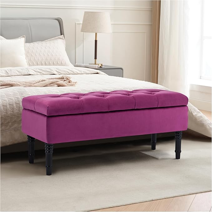 Ottoman with Storage Velvet Storage Bench Holds Up to 500 lbs Ottomans Upholstered Bench with Seating for Bedroom, Living Room, Purple