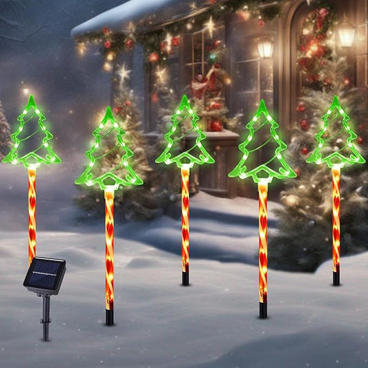 Christmas Solar Pathway Lights Outdoor Decorations, 8 Modes Xmas Tree Candy Lights Waterproof Led Garden Stake Light for Walkway Yard Lawn Porch Holiday Decor 5-Pack (Red Tube Tree, 5 Pack)
