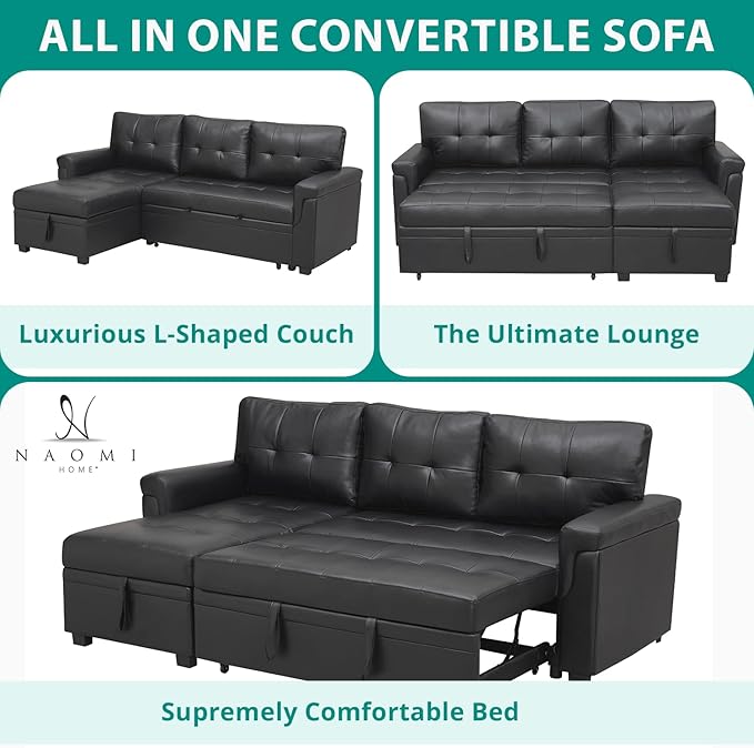 Naomi Home Jenny Sectional Sofa Sleeper with Storage Chaise, Tufted Pull Out Couch with Storage, L-Shaped Reversible Sleeper Sofa with Storage, Black,Air Leather