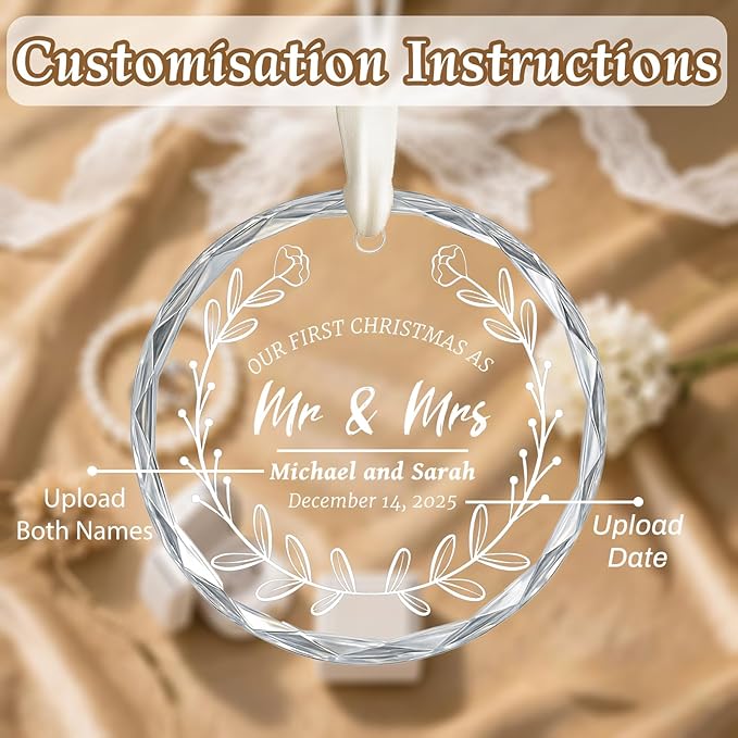 First Christmas Married Ornament 2025, Custom Wedding Crystal Glass Ornament with Photo, Name or Date, Personalized Wedding or Bridal Shower Gifts for Newlyweds