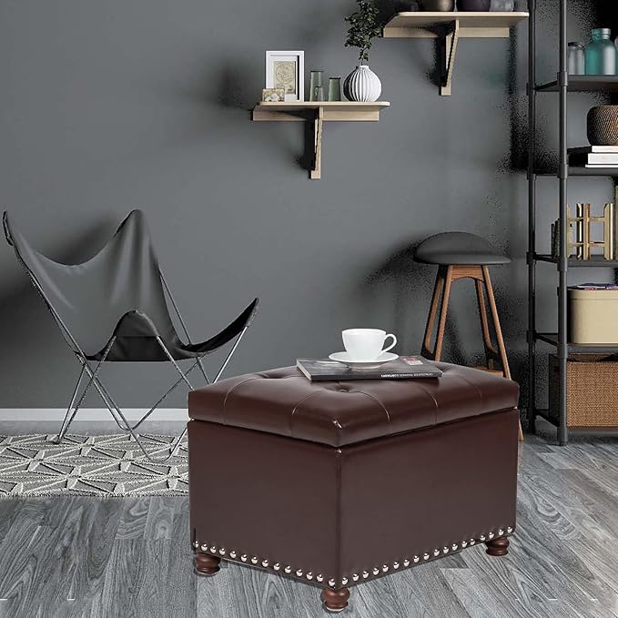 Leather Storage Ottoman Bench Foot Rest Stool with Nailhead Trim (Dark Brown - Button Tufted Leather)