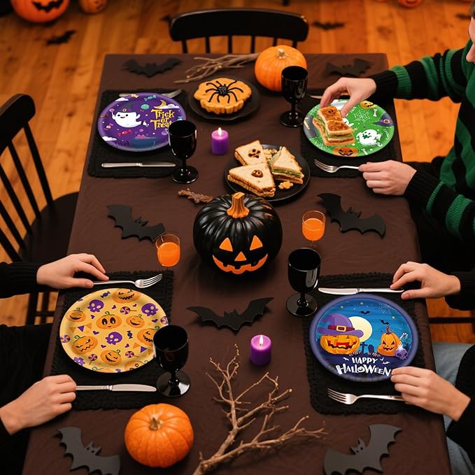 48Pcs Halloween 7inch Paper Plates - Pumpkin Ghost Spooky Dessert Plates for Cake Salad Fruit Disposable Cute Dinner Plates for Halloween Kids Trick or Treat Party Decoration, 4 Styles