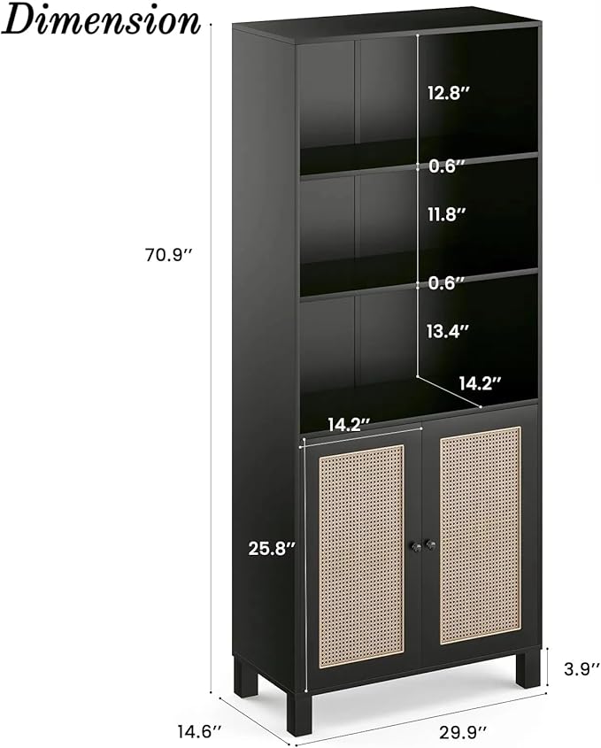 Tall Bookshelf, 5-Tier Book Shelf with 2 Rattan Doors, Freestanding Bookcase Display Shelves with Large Storage, Book Case for Living Room, Office, Study, Bedroom, 70.9 Inch