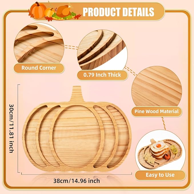 AWIZOM Pumpkin Wooden Serving Platter Thanksgiving Serving Tray Wood Snack Cheese Charcuterie Board Sectional Wooden Pumpkin Dish Plate for Fall Autumn Harvest Halloween Supplies,14.96x11.81x0.79