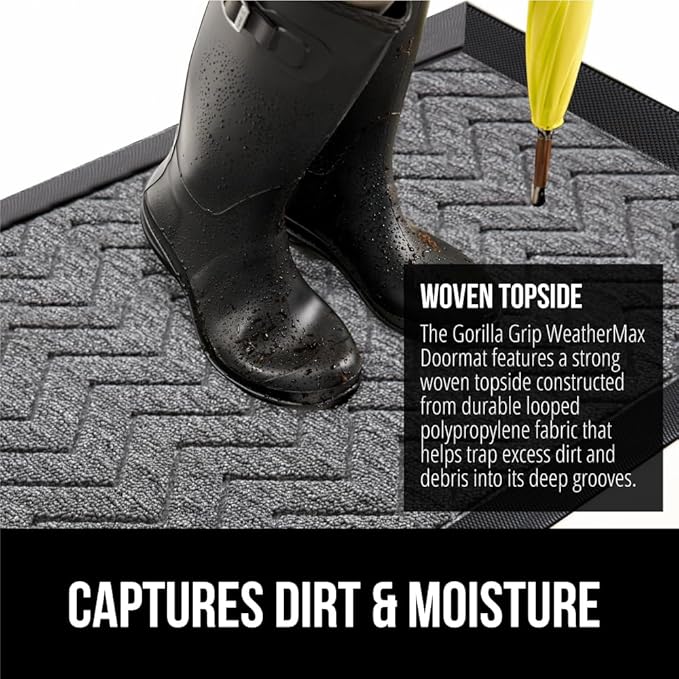 GORILLA GRIP All-Season WeatherMax Doormat, 72x24, Durable Natural Rubber, Stain and Fade Resistant, Low Profile, Indoor Outdoor Door Mats, Easy Clean Patio Entrance Mat, Steel Chevron