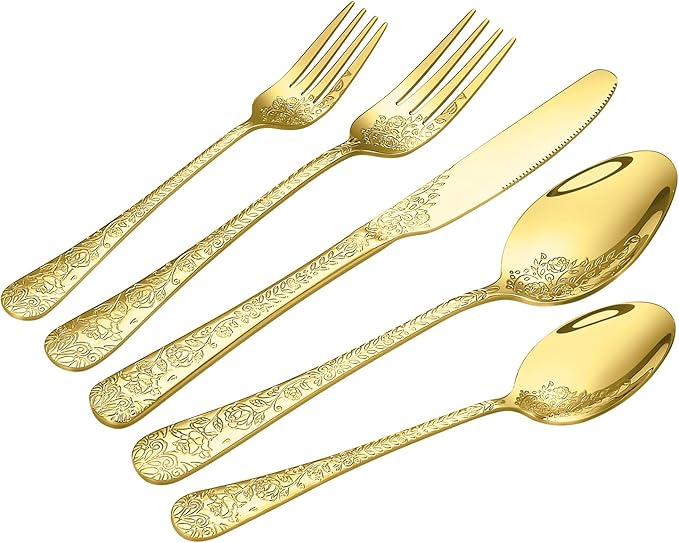 Floral 20 Pcs Gold Silverware Set for 4, Food Grade Stainless Steel Flatware Set with Rose Flower Embossed Design, Eating Utensils Sets Include Fork/Knife/Spoon, Reusable Cutlery Set, Dishwasher Safe