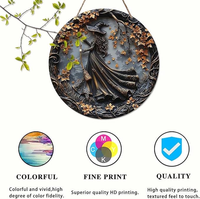 Fanyil/Olygee/Sherum/Shirem/Pubyfun/Glosrity/Libilin/Graddi/Solymody/Gowebs/Goredny/Vianys Witching Hour, Door Way Hanging Decor Halloween, 2D Wooden Round Witches Sign (A+C, ‎7.87")