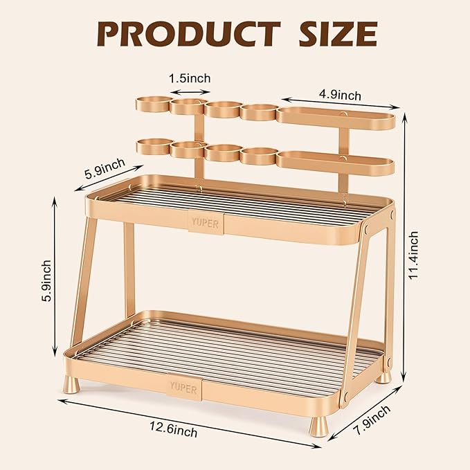 YUPER Bathroom Counter Organizer, 2-Tier Bathroom Organizer Countertop with Toothbrush Holder, Makeup Storage Shelf Vanity Tray Perfume Organizer, Bedroom Kicthen Counter Storage Sink Shelf Gold